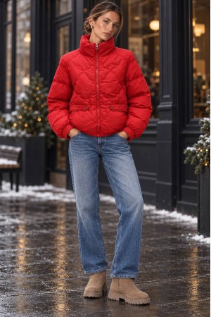Red High Neck Cropped Puffer Jacket - AIMELIA JR700