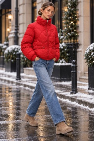 Red High Neck Cropped Puffer Jacket - AIMELIA JR700