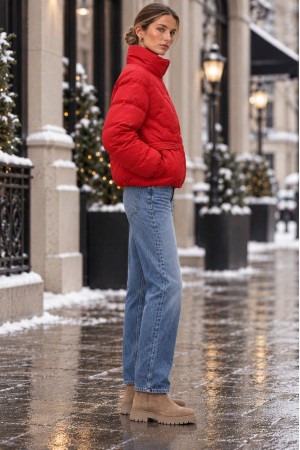 Red High Neck Cropped Puffer Jacket - AIMELIA JR700