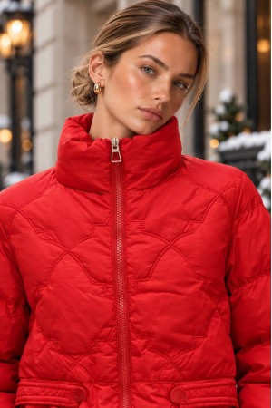 Red High Neck Cropped Puffer Jacket - AIMELIA JR700