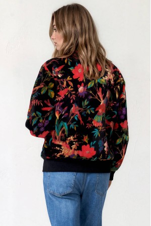 Jacheta neagra cu imprimeu floral exotic si inchidere cu fermoar Roh JR688