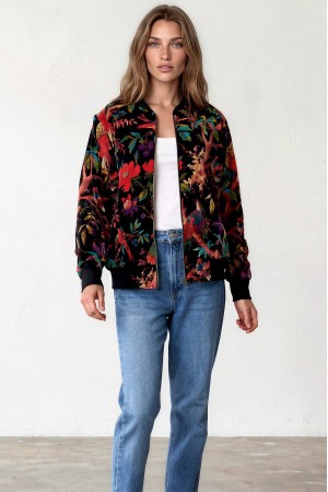 Jacheta neagra cu imprimeu floral exotic si inchidere cu fermoar Roh JR688