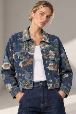 Denim Floral and Leaf Print Cropped Jacket - AIMELIA JR695