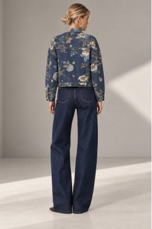 Denim Floral and Leaf Print Cropped Jacket - AIMELIA JR695