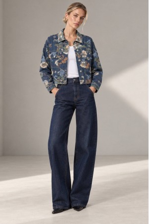 Denim Floral and Leaf Print Cropped Jacket - AIMELIA JR695