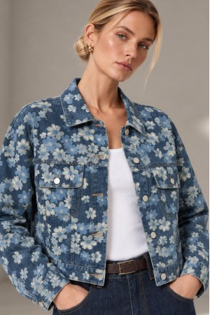 Dark Denim Daisy Print Cropped Jacket - AIMELIA JR696