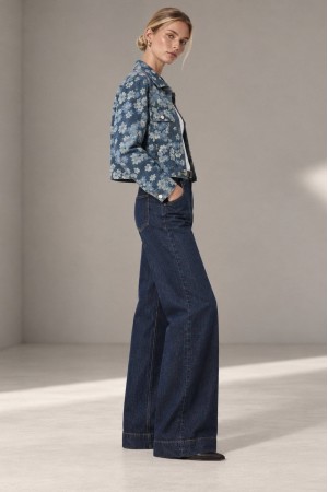 Dark Denim Daisy Print Cropped Jacket - AIMELIA JR696