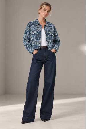 Dark Denim Daisy Print Cropped Jacket - AIMELIA JR696