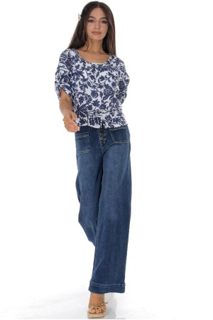 Short floral linen jacket in Navy JR681