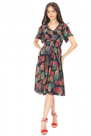 Leaf print midi dress Aimelia DR4659 , Multicoloured, with pockets