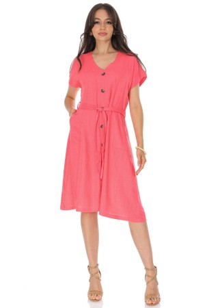ROH Linen Blend Midi Dress with Pockets Coral DR4756 ROH Linen Blend Midi Dress with Pockets Coral DR4756