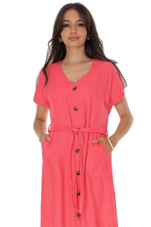 ROH Linen Blend Midi Dress with Pockets Coral DR4756 ROH Linen Blend Midi Dress with Pockets Coral DR4756
