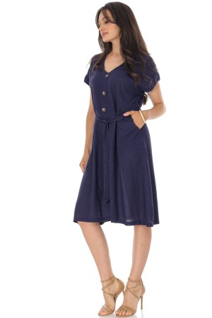 ROH Linen Blend Midi Dress with Pockets Blue DR4749