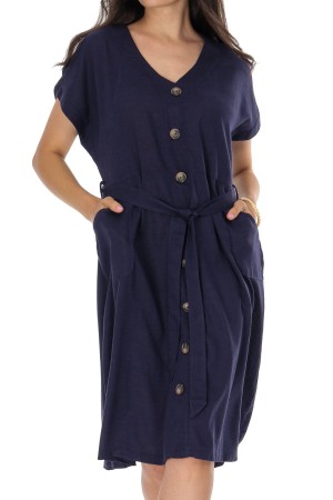 ROH Linen Blend Midi Dress with Pockets Blue DR4749