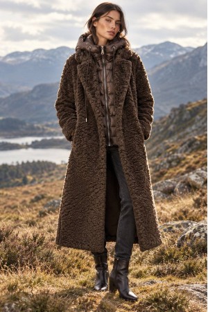 Brown Long Faux Fur Coat with Detachable Quilted Hood - AIMELIA JR703