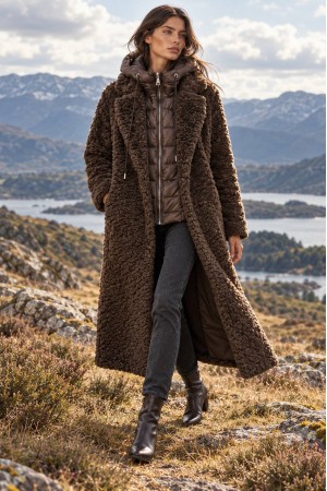 Brown Long Faux Fur Coat with Detachable Quilted Hood - AIMELIA JR703