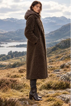 Brown Long Faux Fur Coat with Detachable Quilted Hood - AIMELIA JR703