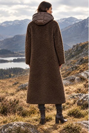 Brown Long Faux Fur Coat with Detachable Quilted Hood - AIMELIA JR703