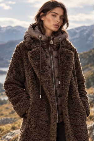 Brown Long Faux Fur Coat with Detachable Quilted Hood - AIMELIA JR703