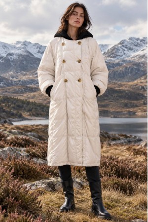 Cream Long Quilted Coat with Detachable Knitted Hood - AIMELIA JR702