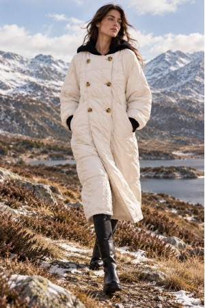 Cream Long Quilted Coat with Detachable Knitted Hood - AIMELIA JR702