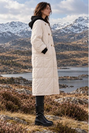 Cream Long Quilted Coat with Detachable Knitted Hood - AIMELIA JR702