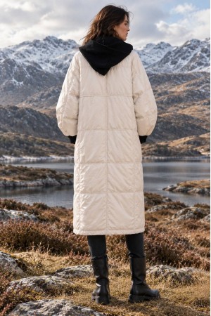 Cream Long Quilted Coat with Detachable Knitted Hood - AIMELIA JR702