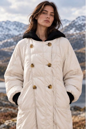 Cream Long Quilted Coat with Detachable Knitted Hood - AIMELIA JR702