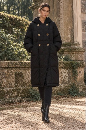 Black Long Quilted Coat with Detachable Knitted Hood - AIMELIA JR701 Black Long Quilted Coat with Detachable Knitted Hood - AIMELIA JR701