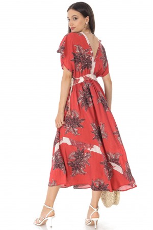 Printed maxi dress, Aimelia Dr4431, in Rust, with waist  ties.