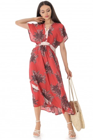 Printed maxi dress, Aimelia Dr4431, in Rust, with waist  ties.