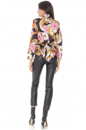 Printed satin top Aimelia BR2570 Cream/Pink with a high neck