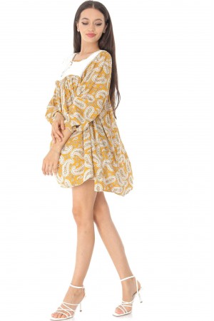 Printed tunic dress Aimelia Dr4434 in Mustard with an embroidered yoke.