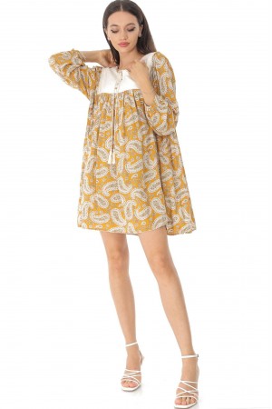 Printed tunic dress Aimelia Dr4434 in Mustard with an embroidered yoke.