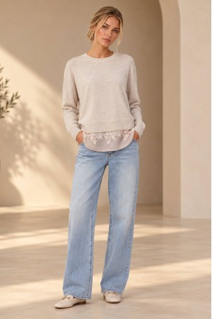 Cream Fine Knit Jumper with Satin and Lace Hem - AIMELIA BR2997 Cream Fine Knit Jumper with Satin and Lace Hem - AIMELIA BR2997