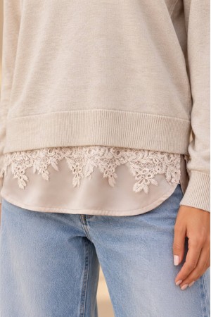 Cream Fine Knit Jumper with Satin and Lace Hem - AIMELIA BR2997 Cream Fine Knit Jumper with Satin and Lace Hem - AIMELIA BR2997