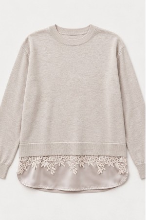 Cream Fine Knit Jumper with Satin and Lace Hem - AIMELIA BR2997 Cream Fine Knit Jumper with Satin and Lace Hem - AIMELIA BR2997