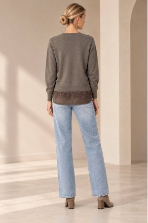 Khaki Fine Knit Jumper with Satin and Lace Hem - AIMELIA BR2996 Khaki Fine Knit Jumper with Satin and Lace Hem - AIMELIA BR2996