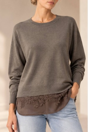 Khaki Fine Knit Jumper with Satin and Lace Hem - AIMELIA BR2996 Khaki Fine Knit Jumper with Satin and Lace Hem - AIMELIA BR2996