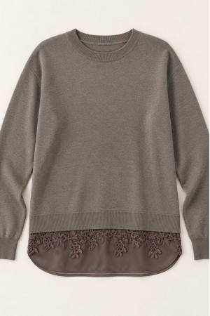 Khaki Fine Knit Jumper with Satin and Lace Hem - AIMELIA BR2996 Khaki Fine Knit Jumper with Satin and Lace Hem - AIMELIA BR2996