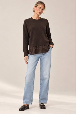 Brown Fine Knit Jumper with Satin and Lace Hem - AIMELIA BR2995