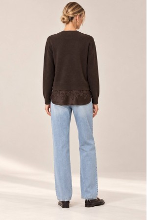 Brown Fine Knit Jumper with Satin and Lace Hem - AIMELIA BR2995