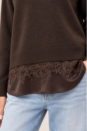 Brown Fine Knit Jumper with Satin and Lace Hem - AIMELIA BR2995