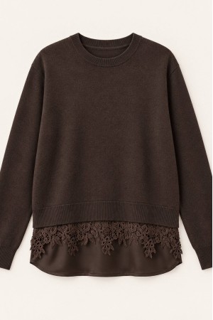 Brown Fine Knit Jumper with Satin and Lace Hem - AIMELIA BR2995
