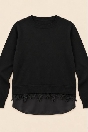 Black Fine Knit Jumper with Satin and Lace Hem - AIMELIA BR2994 Black Fine Knit Jumper with Satin and Lace Hem - AIMELIA BR2994