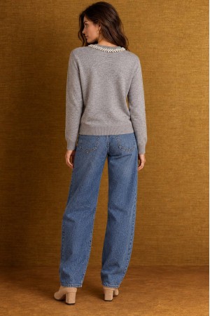 Light Grey Pearl Detail Round Neck Jumper - AIMELIA BR3042 Light Grey Pearl Detail Round Neck Jumper - AIMELIA BR3042