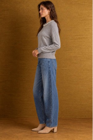 Light Grey Pearl Detail Round Neck Jumper - AIMELIA BR3042 Light Grey Pearl Detail Round Neck Jumper - AIMELIA BR3042
