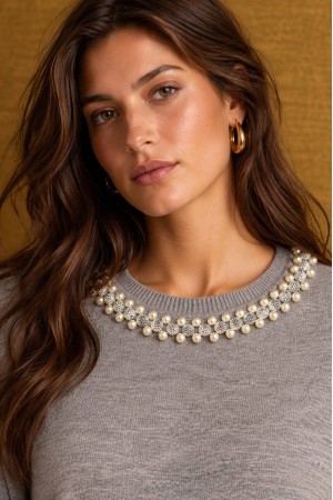 Light Grey Pearl Detail Round Neck Jumper - AIMELIA BR3042 Light Grey Pearl Detail Round Neck Jumper - AIMELIA BR3042