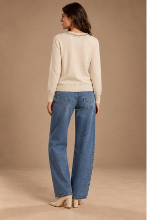 Cream Pearl Detail Round Neck Jumper - AIMELIA BR3043