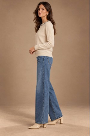Cream Pearl Detail Round Neck Jumper - AIMELIA BR3043